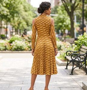 Mustard Pleated Cold Shoulder Midi Dress
