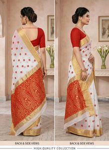 Elegant White Saree with Red &amp; Gold Accents