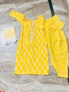 Bright Yellow Printed Kurta Set with Dupatta