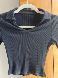 Ribbed Collared Long Sleeve Crop Top