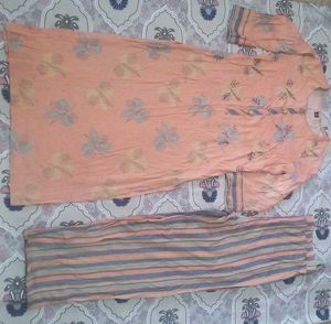 Peach Floral Kurta &amp; Striped Pant Set