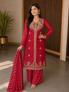 Red &amp; Gold Embroidered Kurta Set