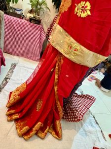 Elegant Red &amp; Gold Embroidered Saree