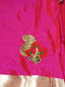 Vibrant Pink Silk Saree with Gold Border