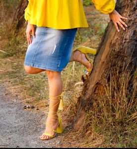Mustard Yellow Lace-Up Block Heels