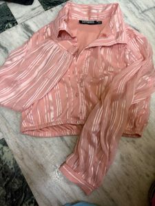 Pink &amp; Off White Striped Cropped Shirt