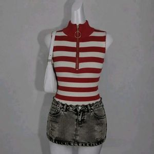 Striped Ribbed Zip-Up Mock Neck Tank Top