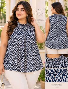 Chic Sleeveless Navy Print Top