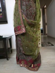 Designer olive green &amp; marron sequins saree