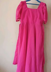 Vibrant Pink Square Neck Puff Sleeve Midi Dress