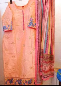 Peach Embroidered Kurta with Dupatta