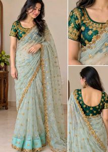 Sea Green Net embellished Saree