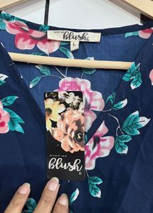 Chic Floral Print Navy Blue Top