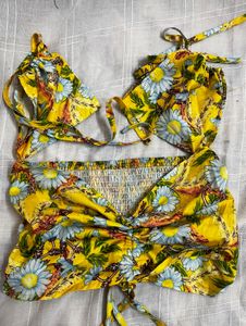 Yellow Floral Tie-Up Bikini Top