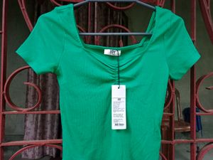 New Distressed Jeans With Green Ribbed Crop Top