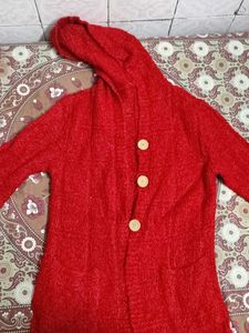 Red hooded cardigan