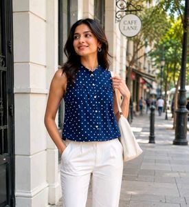 Navy Blue Polka Dot Sleeveless Top
