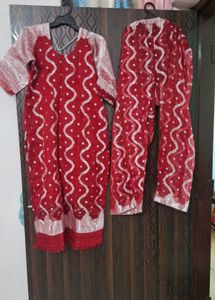 Red Kurta Set with Silver Embellishments