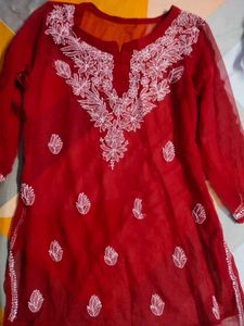 Red Chikankari Short Kurta