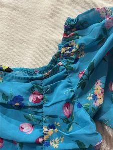 Blue Floral Print Ruffle Top
