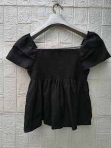 Korean Chic Black Puff Sleeve Square Neck Top