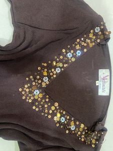 Y2k Embellished V-Neck Brown Top