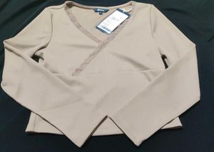 Ribbed Long Sleeve Top with Lace Trim