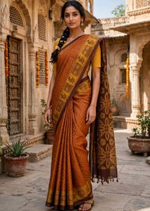Elegant Brown & Yellow Floral Saree