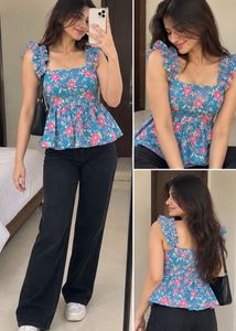 Blue Floral Smocked Peplum Top
