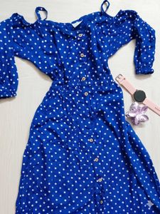 evergreen Blue Polka Dot Cold Shoulder Dress