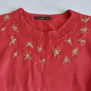 Red Embroidered,Embellished Long Sleeve Top