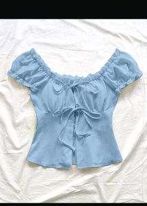 Cute Blue Off-Shoulder Tie-Front Top