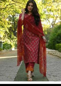 Elegant Red Printed Kurta Set with Dupatta