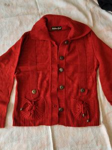 Red Button-Up Cardigan with Bow Pockets