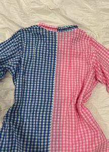 gingham/checked snatched pink and blue shirt
