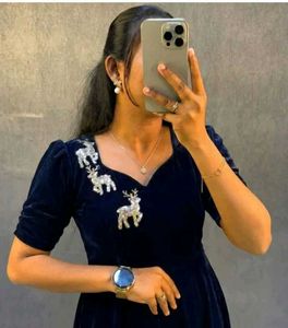 Elegant Navy Velvet Gown with Deer Embellishments