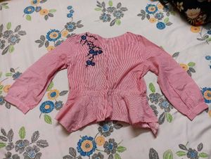 Striped Peplum Blouse with Embroidery