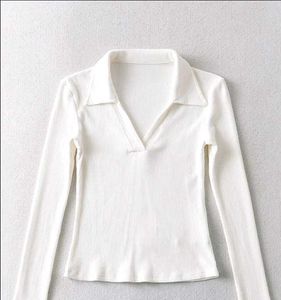 White Ribbed collared Long Sleeve crop Top