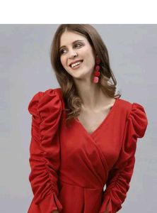 Chic Red Puff Sleeve Wrap Dress