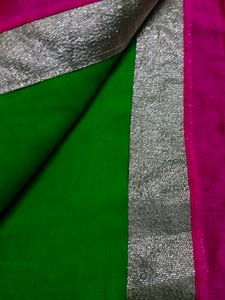 Vibrant Green Saree with Pink &amp; Silver Border