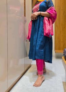 Elegant Teal Kurta Set with Pink Dupatta