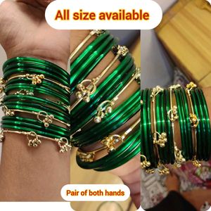 Green Glass Bangles with Gold Charms