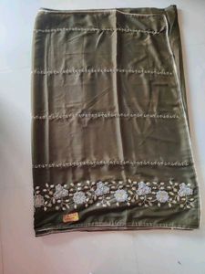 Embroidered Olive Green Saree white blouse