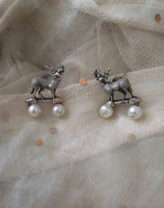 Brass Reindeer &amp; Pearl Stud Earrings