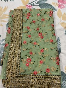 Elegant Green Floral Embroidered Saree