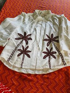 Cream Palm Tree Embroidered Button-Up Shirt