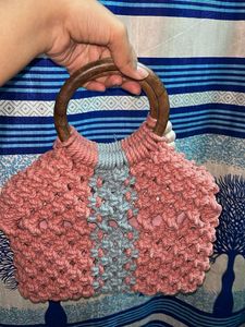 Boho Macrame Shoulder Bag with Wooden Handles