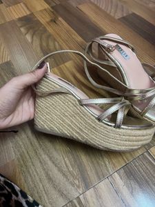 Gold Strappy Wedge Espadrille Sandals