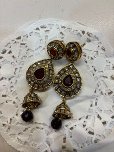 Exquisite Jhumka Earrings with Maroon Stones