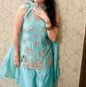 Turquoise Blue Embellished Festive Suit Set